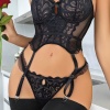 Siyah Sexy Kadın Dantelli Bodysuit Gecelik Takım