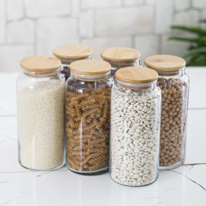 18li Bambu Kapaklı Cam Kavanoz & Erzak Saklama Kabı Seti 3* 1.3 Lt + 0.80 Lt + 0.50 Lt(Vakum Kapak)