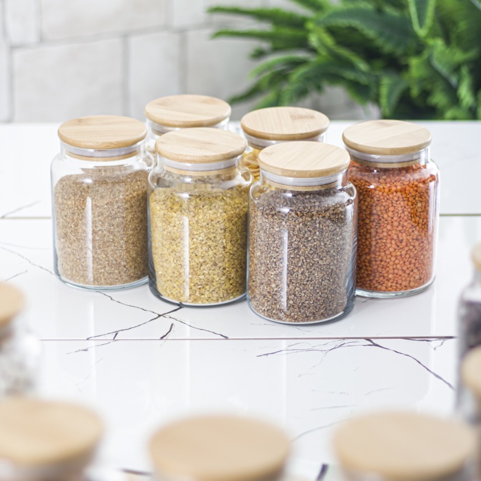 18li Bambu Kapaklı Cam Kavanoz & Erzak Saklama Kabı Seti 3* 1.3 Lt + 0.80 Lt + 0.50 Lt(Vakum Kapak)