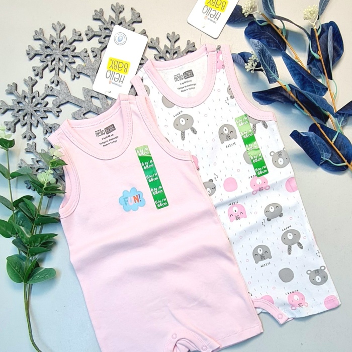 Kız Bebek Pembe  Hello Baby Yazlık Kolsuz Çıtçtıtlı Body Tulum 2 Adet
