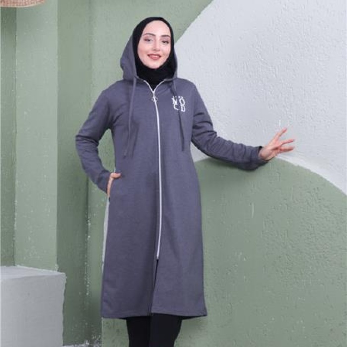 Yazı Baskılı Fermuarlı Kapşonlu Uzun Sweat - 03081 - Antrasit