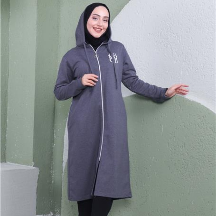 Yazı Baskılı Fermuarlı Kapşonlu Uzun Sweat - 03081 - Antrasit