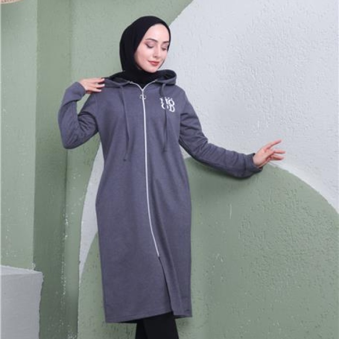 Yazı Baskılı Fermuarlı Kapşonlu Uzun Sweat - 03081 - Antrasit