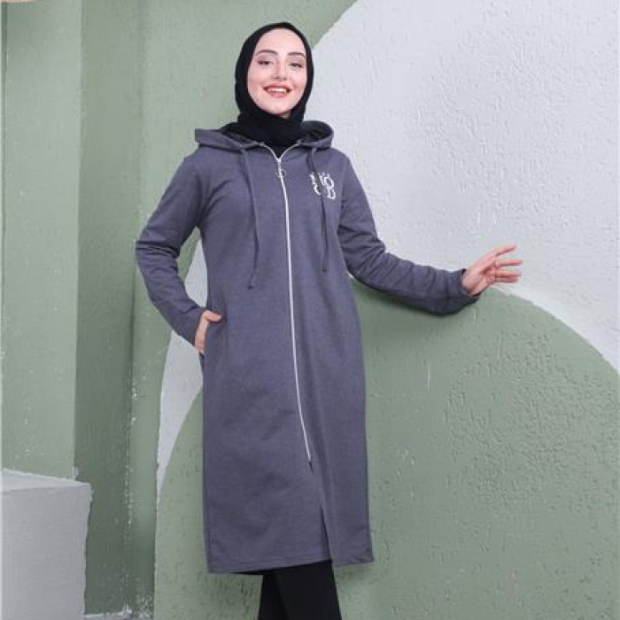 Yazı Baskılı Fermuarlı Kapşonlu Uzun Sweat - 03081 - Antrasit