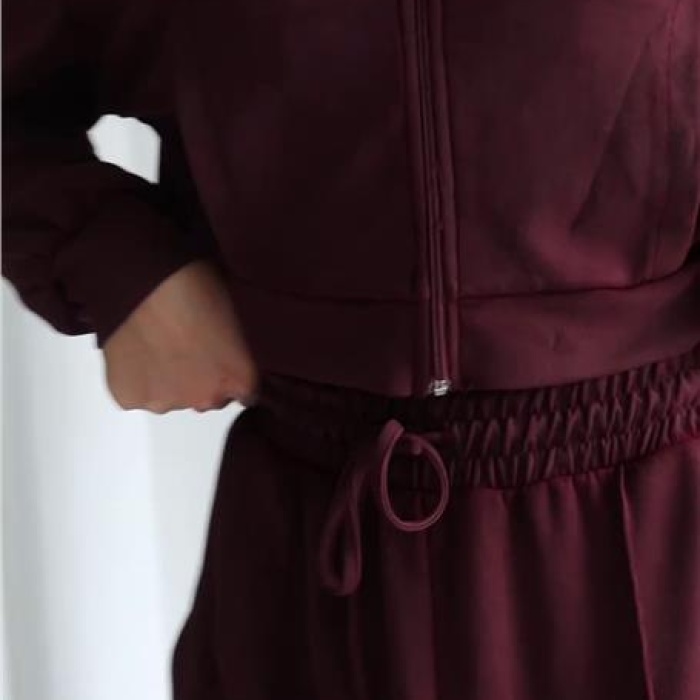 Fermuarlı Uzun Kollu Cepli Alt - Üst Eşofman Takımı - (S-L) - P117001 - Mürdüm