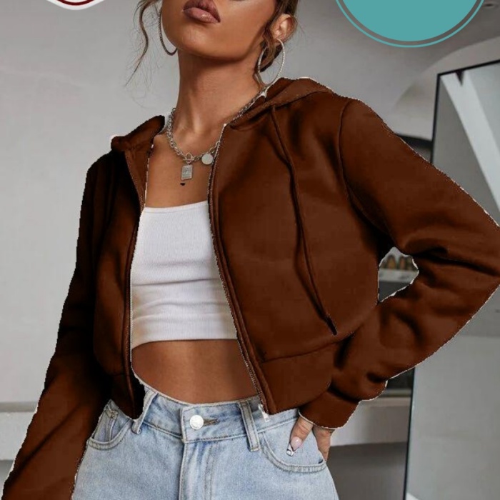 Kadın Kiremit Crop Fitted Kapşonlu Zip Fermuarlı Polar Hırka Sweatshirt