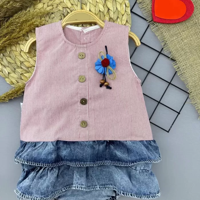 Gül Rozet Detaylı Kot Kilotlu Etek Kız Bebek Elbisesi