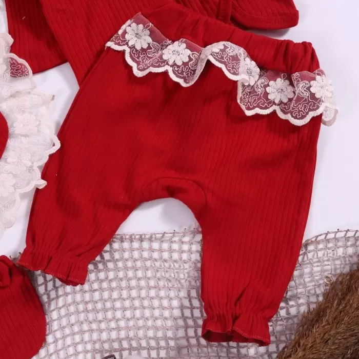 Dantel İşlemeli Fisto Detaylı Kız Bebek 5 Parça %100 Pamuk Hastane Çıkışı