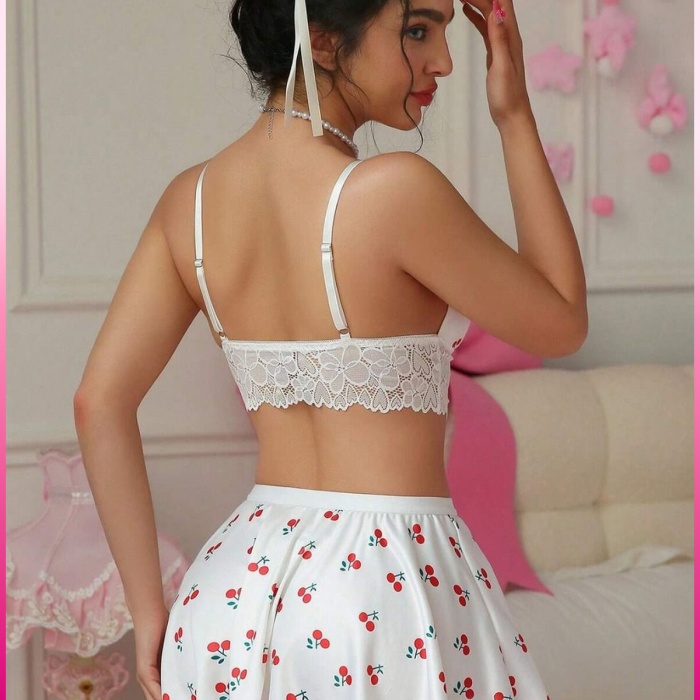 Kadın Kirazlı Fiyonklu Seksi Kostüm