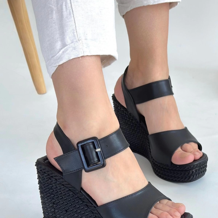 Wowo Siyah Cilt Dolgu Topuk Sandalet