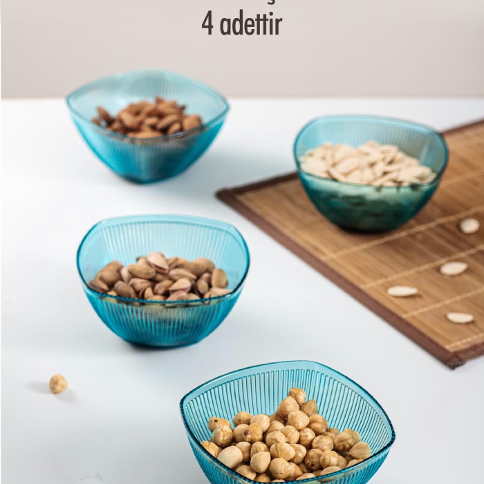 Akrilik Barok Aquamarin Kare 4lü Küçük Kase Seti & Çerezlik & Sunumluk & İkramlık (Cam Değildir) 6038DP4