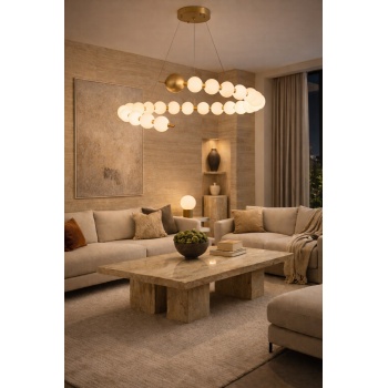 S80 Nova Modern Halkalı Avize - Opal Cam, Pirinç Renk Metal Gövde, Salon Yemek Odası Avizesi