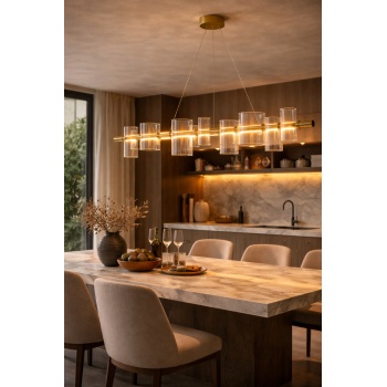 Modern Cam Silindir Lineer Avize 120 cm Bronz Metal Gövde Yemek Masası Salon LED Avize
