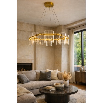 Modern Halka Cam Silindir Avize 70 cm Bronz Metal Gövde 8 Başlıklı Salon & Villa LED Avize
