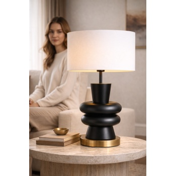 Sculpta Modern Siyah Ahşap Abajur Pirinç Renk Tabanlı Premium Masa Lambası