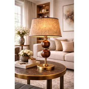 Nurio Ceviz Küre Detaylı Pirinç Renk Gövdeli Hasır Şapkalı Premium Masa Abajuru