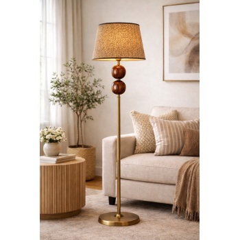 Nurio Ceviz Küre Detaylı Pirinç Renk Gövdeli Hasır Şapkalı Premium Lambader