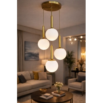 Orbita 4 Gold Cam Sarkıt Avize – 4’lü Opal Küre, Modern Yemek Masası Aydınlatma