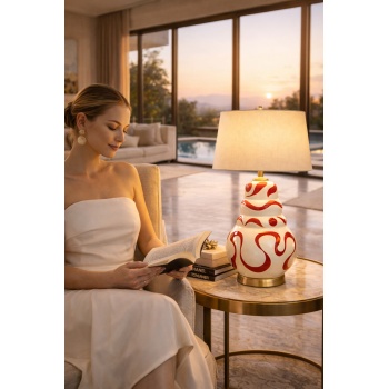 Luxury El Yapımı Seramik Desenli Abajur – Krem Silindir Şapka Villa Lüks Salon Aydınlatma