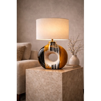 Luxury Aura Halo Handmade El Yapımı Seramik Abajur – Krem Silindir Şapkalı, E27, 55 cm