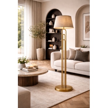 Orion Pirinç Renk Lambader | Modern Metal Gövde, Keten Şapka, Ø40 cm