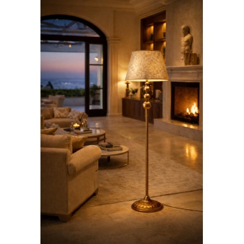 Vega 3 Eskitme Mat Gold Lambader | Kumaş Abajurlu Dekoratif Salon Lambaderi