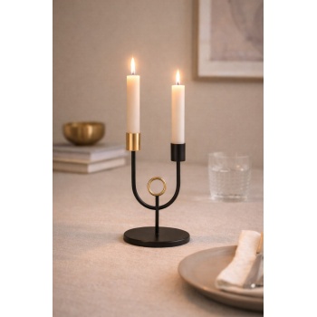 Deco Rings Siyah Gold Art Deco Metal Şamdan Mumluk 2 Mumlu Dekoratif Masa Üstü