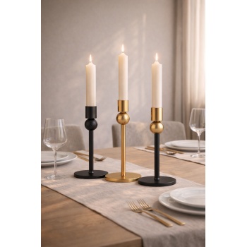 Sphere Stand 3’lü Art Deco Metal Şamdan Seti – Siyah & Gold – Modern Dekoratif Mumluk