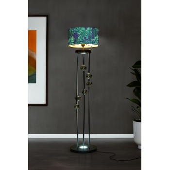 Clichy Statik Siyah Krom Küreli Spot Işıklı Metal Lambader - Yaprak Desenli