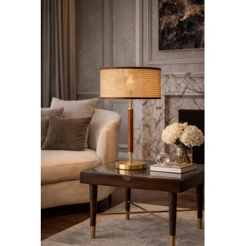 Auren Rattan Masif Ahşap Abajur – Hasır Şapkalı Premium Dekoratif Masa Lambası