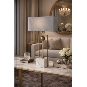 Prato Mermer Tabanlı Gold Metal Gövdeli Dikdörtgen Gri Şapkalı Premium Abajur