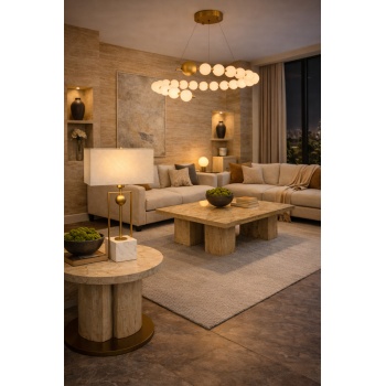 Prato Mermer Tabanlı Gold Metal Gövdeli Krem Dikdörtgen Şapkalı Premium Abajur