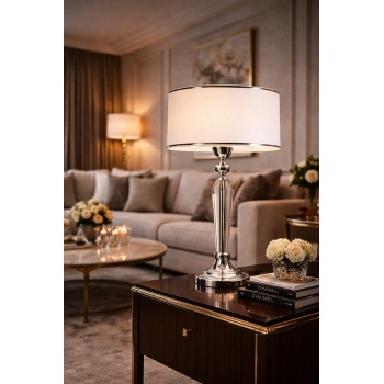 Atelier Crystal Krom Abajur – Kristal Form Gövdeli 30 cm Kumaş Şapkalı Modern Masa Lambası