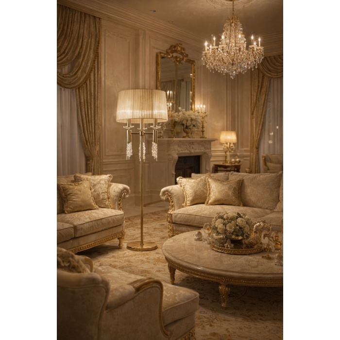 NOIRÉ Mat Gold Kristalli Art Deco Lambader | Premium Salon Aydınlatması