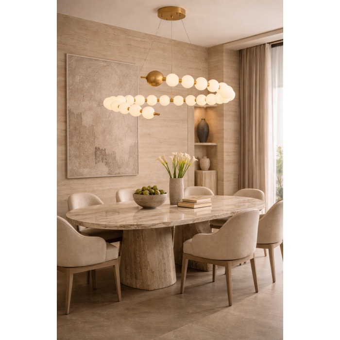 S80 Nova Modern Halkalı Avize - Opal Cam, Pirinç Renk Metal Gövde, Salon Yemek Odası Avizesi