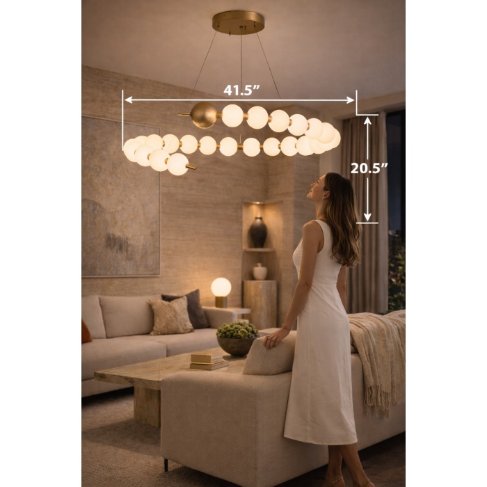 S80 Nova Modern Halkalı Avize - Opal Cam, Pirinç Renk Metal Gövde, Salon Yemek Odası Avizesi