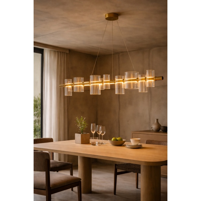 Modern Cam Silindir Lineer Avize 120 cm Bronz Metal Gövde Yemek Masası Salon LED Avize
