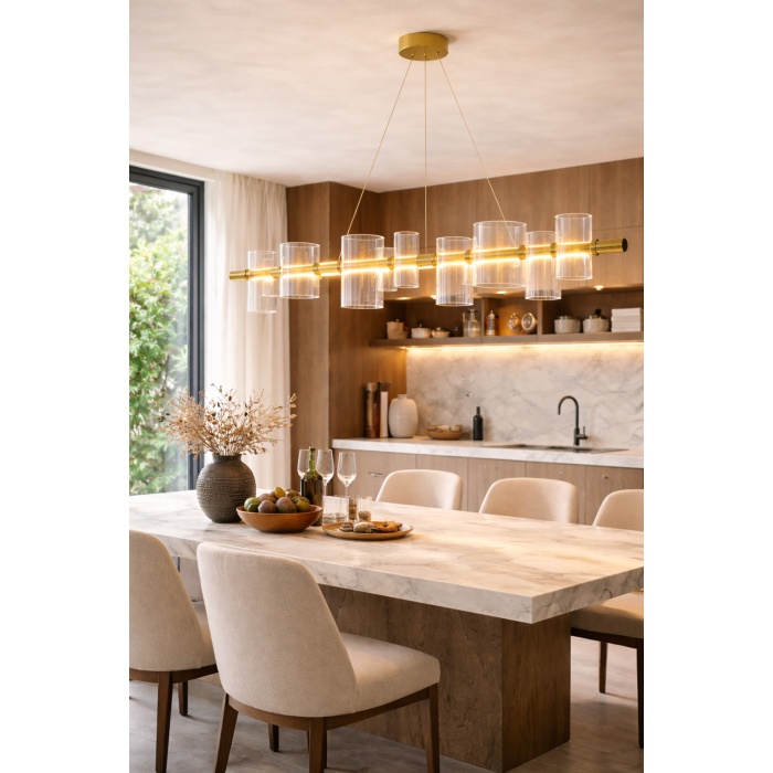 Modern Cam Silindir Lineer Avize 120 cm Bronz Metal Gövde Yemek Masası Salon LED Avize