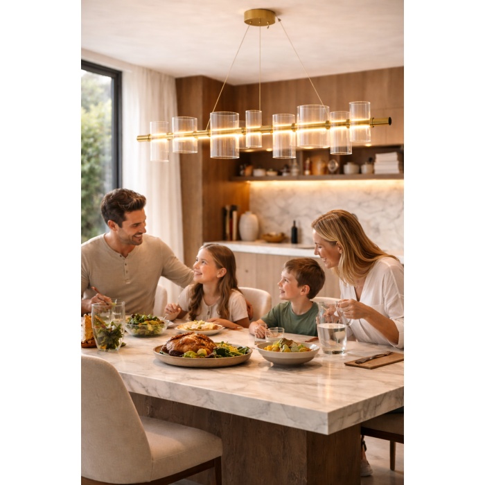 Modern Cam Silindir Lineer Avize 120 cm Bronz Metal Gövde Yemek Masası Salon LED Avize