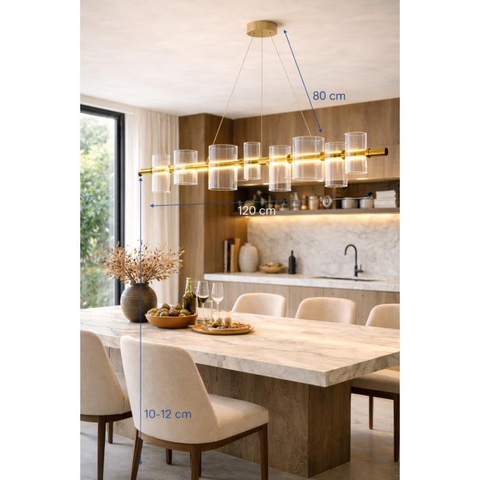 Modern Cam Silindir Lineer Avize 120 cm Bronz Metal Gövde Yemek Masası Salon LED Avize