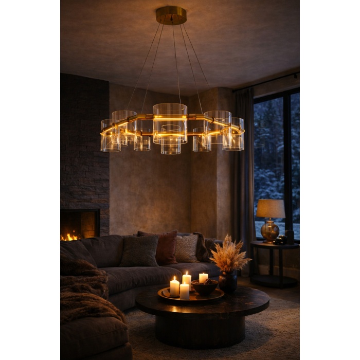 Modern Halka Cam Silindir Avize 70 cm Bronz Metal Gövde 8 Başlıklı Salon & Villa LED Avize