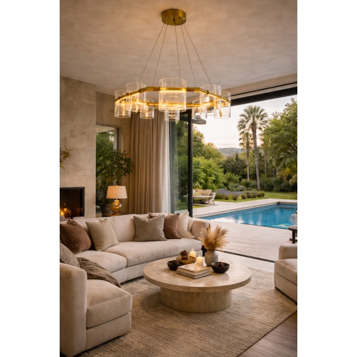 Modern Halka Cam Silindir Avize 70 cm Bronz Metal Gövde 8 Başlıklı Salon & Villa LED Avize