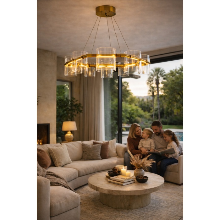 Modern Halka Cam Silindir Avize 70 cm Bronz Metal Gövde 8 Başlıklı Salon & Villa LED Avize