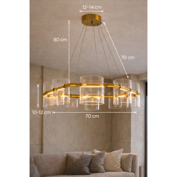Modern Halka Cam Silindir Avize 70 cm Bronz Metal Gövde 8 Başlıklı Salon & Villa LED Avize