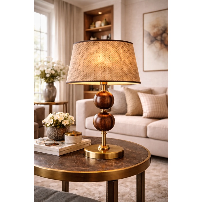 Nurio Ceviz Küre Detaylı Pirinç Renk Gövdeli Hasır Şapkalı Premium Masa Abajuru