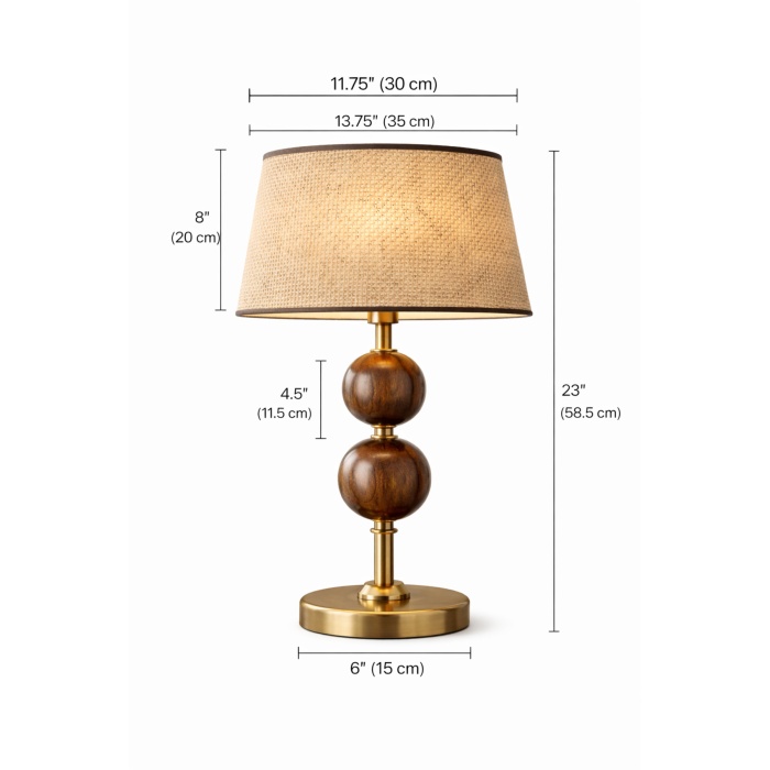 Nurio Ceviz Küre Detaylı Pirinç Renk Gövdeli Hasır Şapkalı Premium Masa Abajuru