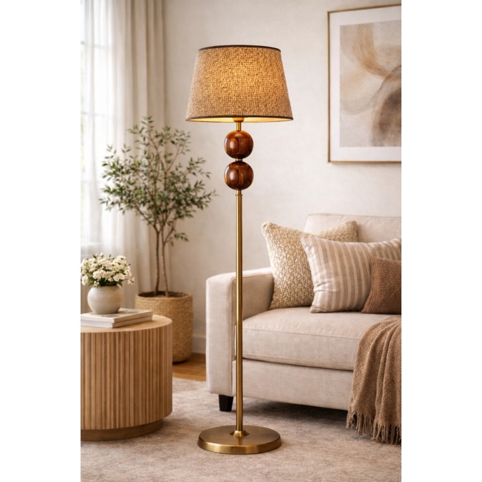 Nurio Ceviz Küre Detaylı Pirinç Renk Gövdeli Hasır Şapkalı Premium Lambader