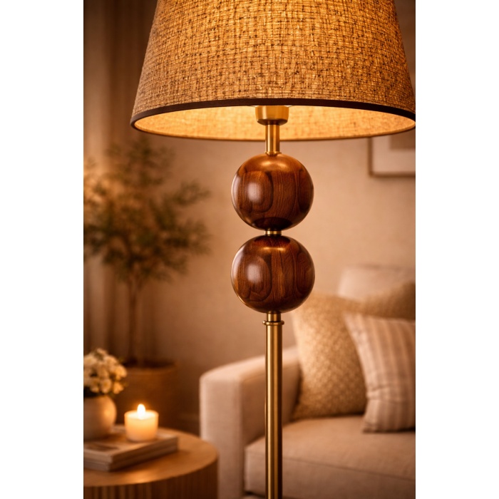 Nurio Ceviz Küre Detaylı Pirinç Renk Gövdeli Hasır Şapkalı Premium Lambader