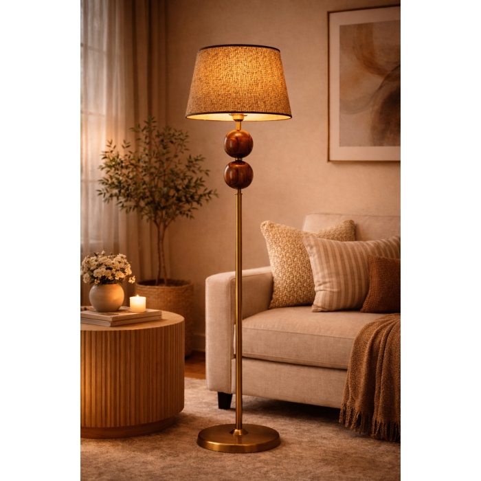 Nurio Ceviz Küre Detaylı Pirinç Renk Gövdeli Hasır Şapkalı Premium Lambader