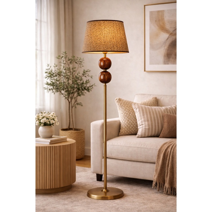 Nurio Ceviz Küre Detaylı Pirinç Renk Gövdeli Hasır Şapkalı Premium Lambader